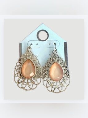 Gold and Peach Teardrop Filigree Earrings, BNWT